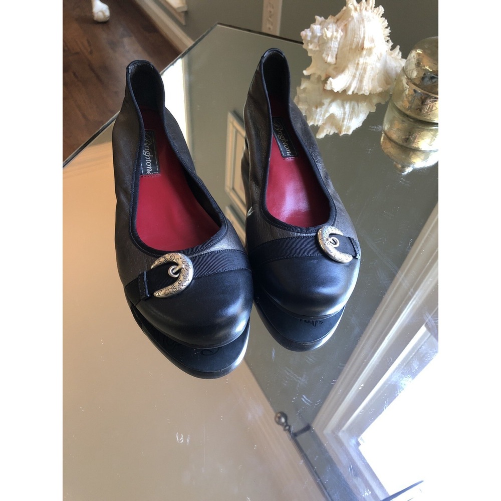 Brighton Baby Pewter Metallic Leather Black Patent Toe Ballet Flat 7.5M Brazil